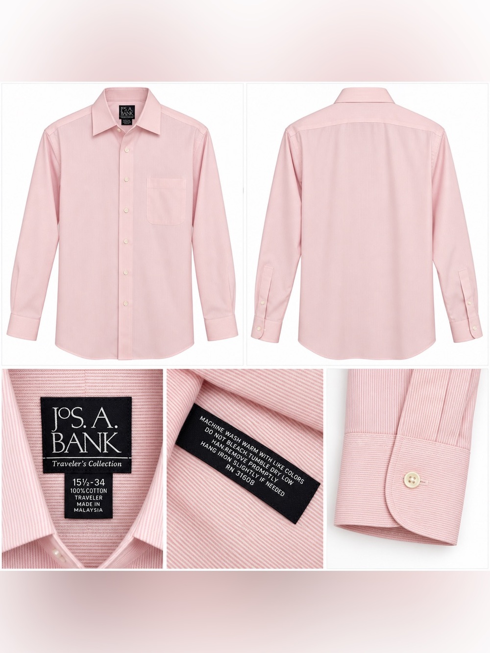 Jos. A. Bank Traveler’s Collection Pink Dress Shirt 15.5 34 100% Cotton